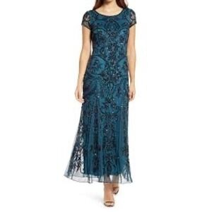 NWT Pisarro Nights Teal Beaded Sequin Gown Dress size 2  Formal Maxi